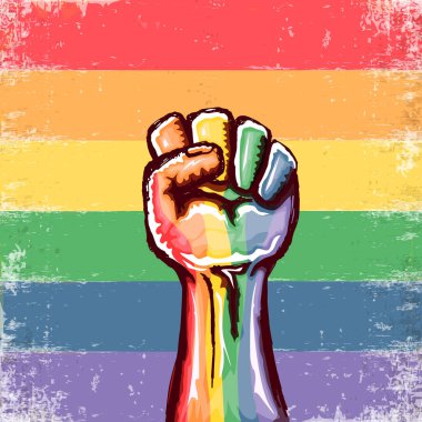 Yükselen LGBT yumruğu, Lgbt bayrağıyla renklendirilmiş. Gurur bayrağı arka planında izole edilmiş. lgbt ayı ya da günlük poster tasarım şablonu. LGBT hakları konsept vektör çiziminiz için savaşın