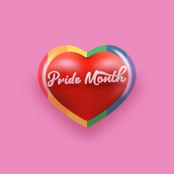 Happy hrdost měsíc banner se srdcem a pýchou barva vlajka izolované na růžovém pozadí. Vektor Pride měsíc nebo hrdost den plakát, leták, pozvánka strana karty design šablony. — Stockový vektor
