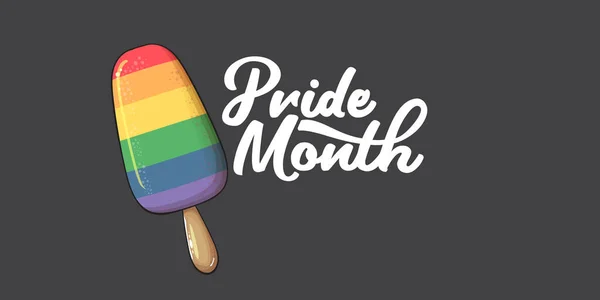 즐거운 자존심의 달, 회색 배경에 자랑거리는 깃발 과 아이스크림 이 있는 수평 깃발. LGBT 프라이드 월 또는 프라이드 데이 포스터, 팝콘으로 파티 카드 — 스톡 벡터