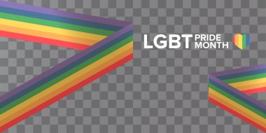 Şeffaf arka planda izole edilmiş gurur rengi şeritli kurdele bayraklı mutlu bir ay yatay afişi. LGBT Onur Ayı ya da gurur günü posteri, davet kartı modern tarz tasarım şablonu.