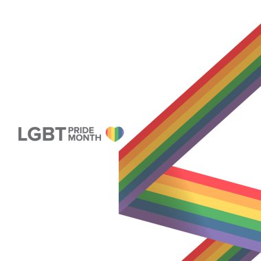 Beyaz arka planda izole edilmiş, gurur rengi şeritli kurdele bayrağı olan mutlu bir gurur ayı kare afişi. LGBT Onur Ayı ya da gurur günü posteri, davet kartı modern tarz tasarım şablonu.