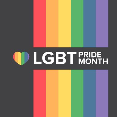Gri arka planda izole edilmiş gurur rengi şeritli kurdele bayraklı mutlu bir dörtlü pankart. LGBT Onur Ayı ya da gurur günü posteri, davet kartı modern tarz tasarım şablonu.
