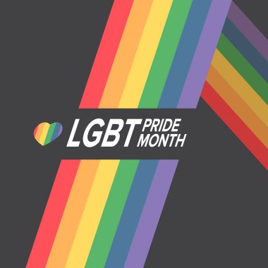 Gri arka planda izole edilmiş gurur rengi şeritli kurdele bayraklı mutlu bir dörtlü pankart. LGBT Onur Ayı ya da gurur günü posteri, davet kartı modern tarz tasarım şablonu.