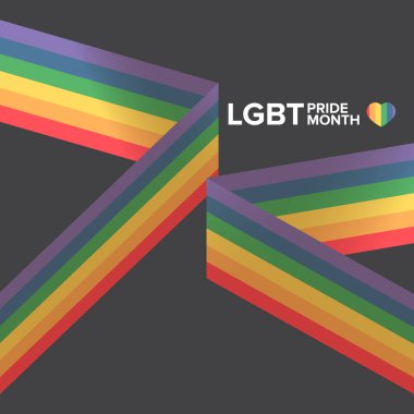 Gri arka planda izole edilmiş gurur rengi şeritli kurdele bayraklı mutlu bir dörtlü pankart. LGBT Onur Ayı ya da gurur günü posteri, davet kartı modern tarz tasarım şablonu.