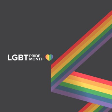 Gri arka planda izole edilmiş gurur rengi şeritli kurdele bayraklı mutlu bir dörtlü pankart. LGBT Onur Ayı ya da gurur günü posteri, davet kartı modern tarz tasarım şablonu.