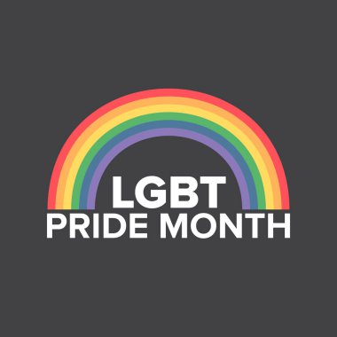 Gri arka planda izole edilmiş gurur rengi şeritli kurdele bayraklı mutlu bir dörtlü pankart. LGBT Onur Ayı ya da gurur günü posteri, davet kartı modern tarz tasarım şablonu.