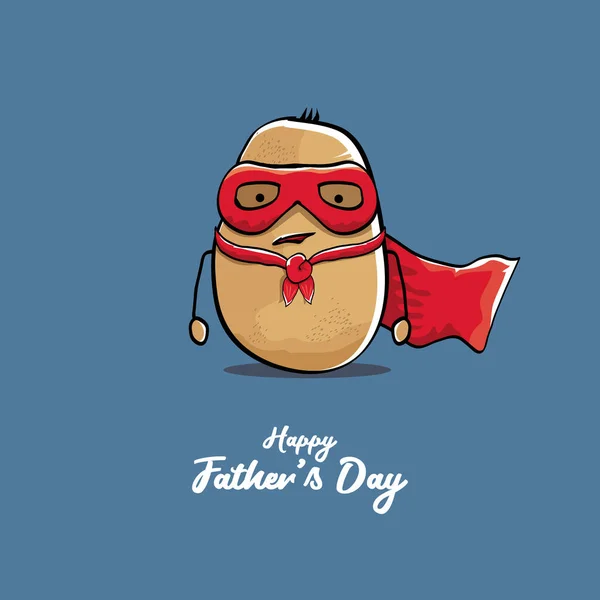 Ευτυχισμένοι πατέρες ημέρα ευχετήρια κάρτα με κινούμενα σχέδια πατέρα σούπερ πατάτα απομονώνονται σε μπλε φόντο. πατέρων ημέρα διάνυσμα ετικέτα ή εικονίδιο με σούπερ πατάτα μπαμπάς — Διανυσματικό Αρχείο