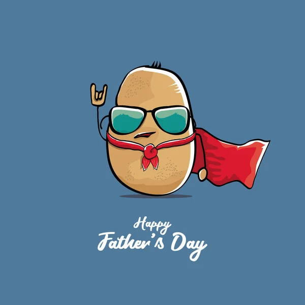 Szczęśliwy ojciec dzień kartka z pozdrowieniami z kreskówki ojciec super ziemniak odizolowany na niebieskim tle. ojcowie dzień wektor etykieta lub ikona z super tata ziemniaków — Wektor stockowy