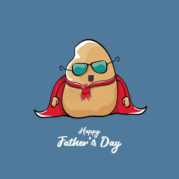 Ευτυχισμένοι πατέρες ημέρα ευχετήρια κάρτα με κινούμενα σχέδια πατέρα σούπερ πατάτα απομονώνονται σε μπλε φόντο. πατέρων ημέρα διάνυσμα ετικέτα ή εικονίδιο με σούπερ πατάτα μπαμπάς — Διανυσματικό Αρχείο