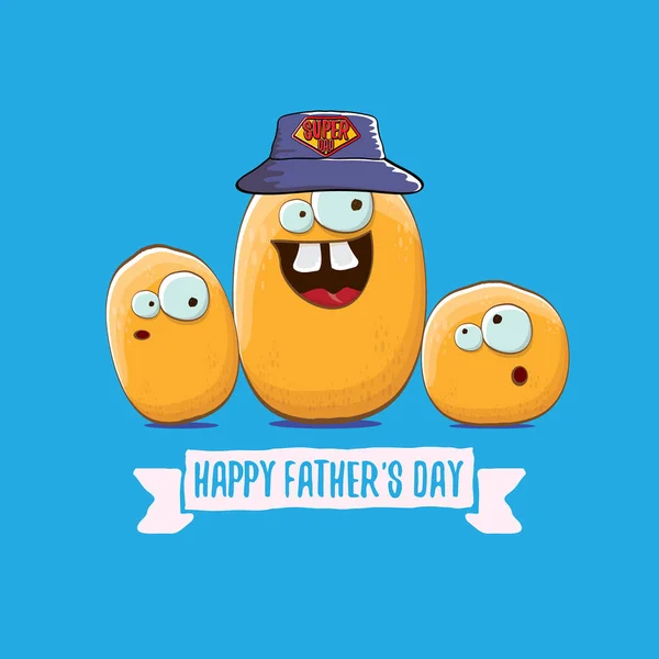 Happy fathers day greeting card with cartoon father potato and kids . fathers day vector label or icon isolated on blue — Stock Vector