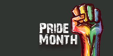 LGBT yumruklu, gri arka planda izole lgbt bayrağıyla boyanmış mutlu bir gurur ayı yatay afişi. LGBT Onur Ayı ya da gurur günü poster tasarımı şablonu. LGBT hakları kavramınız için savaşın