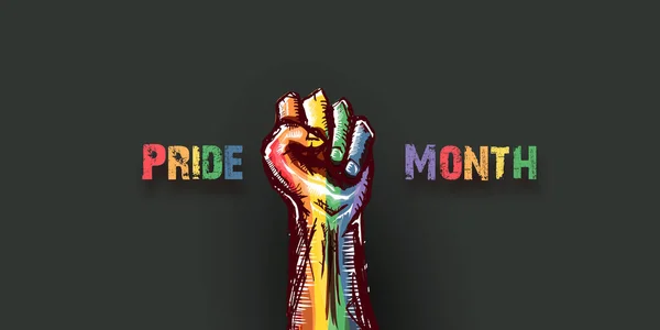 Feliz mês de orgulho banner horizontal com punho LGBT Levantado colorido em bandeira lgbt isolado em fundo cinza. LGBT Orgulho mês ou orgulho dia modelo de design de cartaz. Lutar pelo seu conceito de direitos LGBT — Vetor de Stock