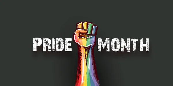 Щасливого місяця гордості горизонтальний прапор з обрізаним ЛГБТ кулаком забарвлений в lgbt прапор ізольований на сірому тлі. LGBT Прайд місяць або гордість денного плакату дизайн шаблону. Боротьба за свою концепцію прав ЛГБТ — стоковий вектор