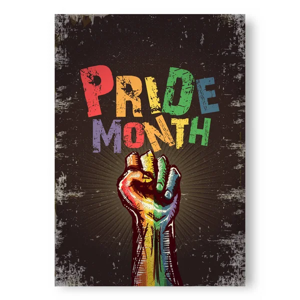 Feliz mês de orgulho grunge cartaz com punho LGBT Levantado colorido em bandeira lgbt isolado em fundo cinza. LGBT Orgulho mês ou dia de orgulho modelo de design de cartaz vertical. Lutar pelo seu conceito de direitos LGBT —  Vetores de Stock