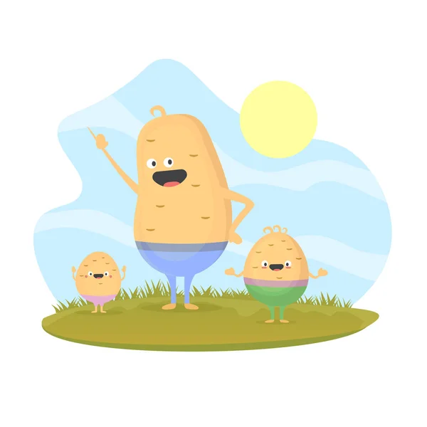 Personagem do homem da batata andando com jovens garotos de batata. Pai sorridente com filhos. Pai alegre brincando com seu filhinho. Família feliz. Personagens de desenhos animados bonitos isolados no fundo branco. —  Vetores de Stock