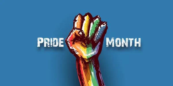 Happy pride month οριζόντιο banner με υψωμένη LGBT γροθιά χρωματισμένο σε lgbt σημαία που απομονώνονται σε μπλε φόντο. ΛΟΑΤ Pride μήνα ή την ημέρα υπερηφάνειας αφίσα πρότυπο σχεδιασμού. Αγώνας για την έννοια των δικαιωμάτων ΛΟΑΤ σας — Διανυσματικό Αρχείο