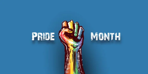 Bannière horizontale Happy pride month avec poing LGBT monté coloré en drapeau lgbt isolé sur fond bleu. Modèle d'affiche du mois de la fierté LGBT ou du jour de la fierté. Luttez pour votre concept de droits LGBT — Image vectorielle