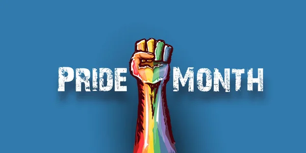 Bannière horizontale Happy pride month avec poing LGBT monté coloré en drapeau lgbt isolé sur fond bleu. Modèle d'affiche du mois de la fierté LGBT ou du jour de la fierté. Luttez pour votre concept de droits LGBT — Image vectorielle