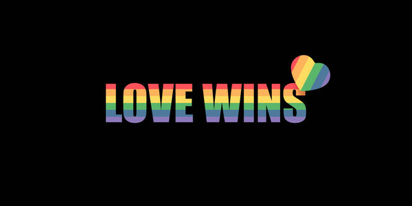 Love wins lettering for Pride month celebration with rainbow flag typography and text. Love wins pride concept vector poster or banner design template