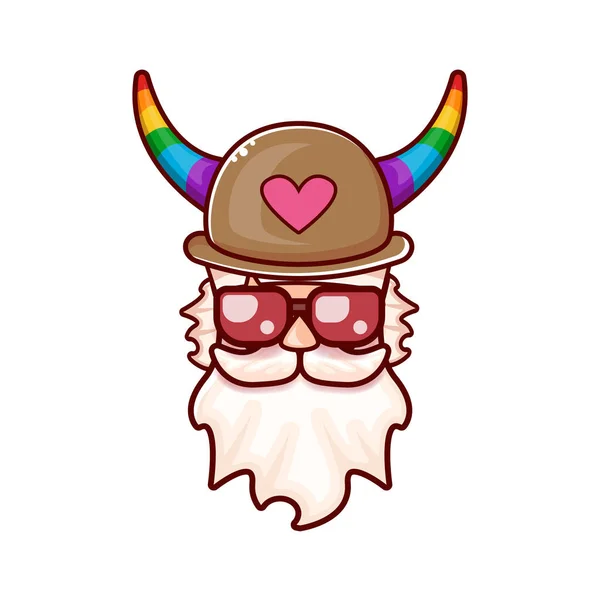 Funky starý gay s vousy, letní sluneční brýle, a legrační klobouk s LGBT duhové rohy izolované na bílém pozadí. Ikona Gay hrdosti, symbol nebo homosexuální grafický štítek pro tisk na tee — Stockový vektor