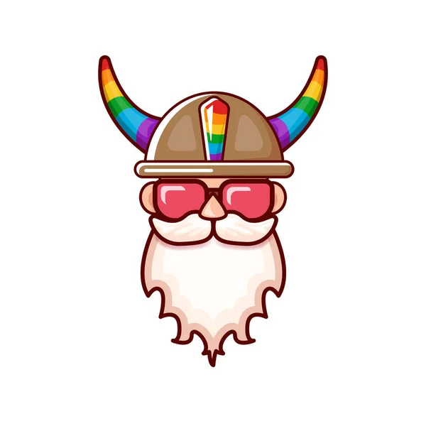 Funky viejo gay con barba, gafas de sol de verano, y sombrero divertido con cuernos de arco iris LGBT aislados sobre fondo blanco. Icono de orgullo gay, símbolo o etiqueta gráfica homosexual para imprimir en tee — Vector de stock