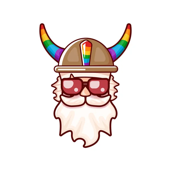 Funky viejo gay con barba, gafas de sol de verano, y sombrero divertido con cuernos de arco iris LGBT aislados sobre fondo blanco. Icono de orgullo gay, símbolo o etiqueta gráfica homosexual para imprimir en tee — Vector de stock