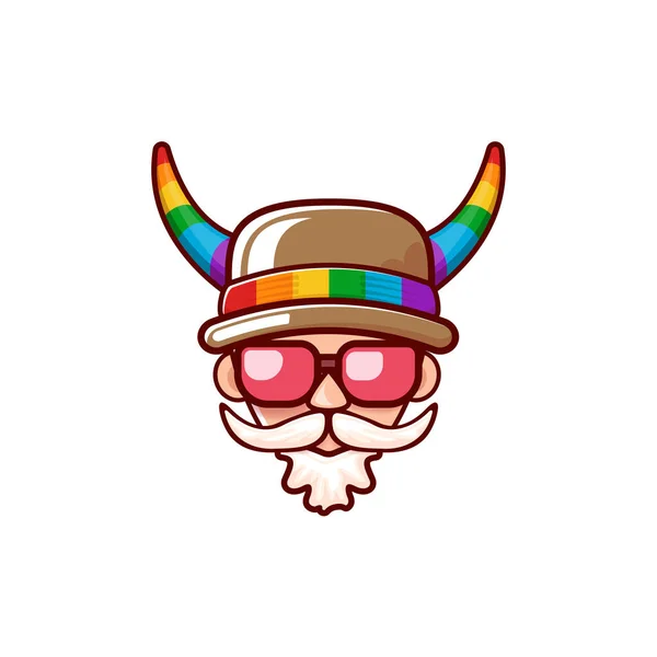 Funky viejo gay con barba, gafas de sol de verano, y sombrero divertido con cuernos de arco iris LGBT aislados sobre fondo blanco. Icono de orgullo gay, símbolo o etiqueta gráfica homosexual para imprimir en tee — Vector de stock