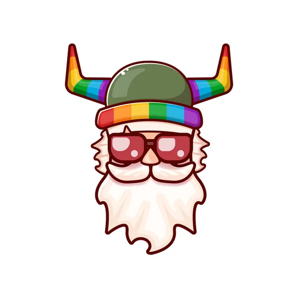 Funky old gay with beard, summer sunglasses, and funny hat with LGBT rainbow horns isolated on white background. Gay pride icon, symbol or homosexual graphic label for printing on tee — Stock Vector