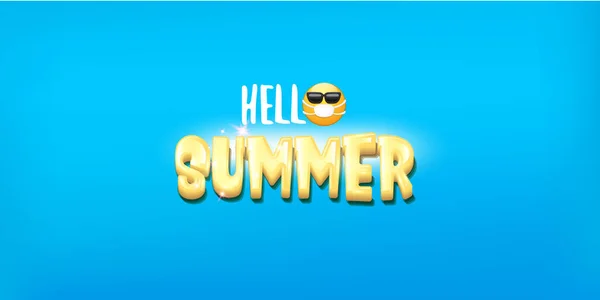 Hallo Sommerkonzept mit gelbem Emoji-Aufkleber mit Mundschutz und Sonnenbrille isoliert auf blauem horizontalen Bannerhintergrund. Vector Hallo Sommer Poster oder Flyer mit Emoji — Stockvektor