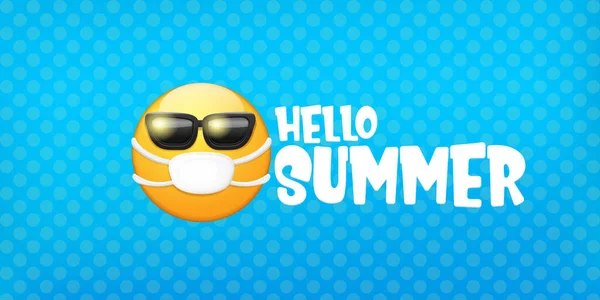 Hallo Sommerkonzept mit gelbem Emoji-Aufkleber mit Mundschutz und Sonnenbrille isoliert auf blauem horizontalen Bannerhintergrund. Vector Hallo Sommer Poster oder Flyer mit Emoji — Stockvektor