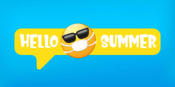 Hello summer concept with yellow Emoji sticker with mouth medical protection mask and sunglasses isolated on blue horizontal banner background. Vector hello summer poster or flyer with emoji — Wektor stockowy