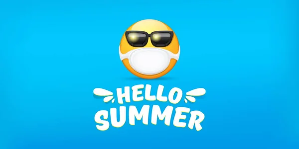 Hello summer concept with yellow Emoji sticker with mouth medical protection mask and sunglasses isolated on blue horizontal banner background. Vector hello summer poster or flyer with emoji — Stock Vector
