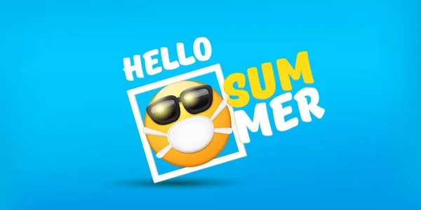 Hello summer concept with yellow Emoji sticker with mouth medical protection mask and sunglasses isolated on blue horizontal banner background. Vector hello summer poster or flyer with emoji — Stockvector