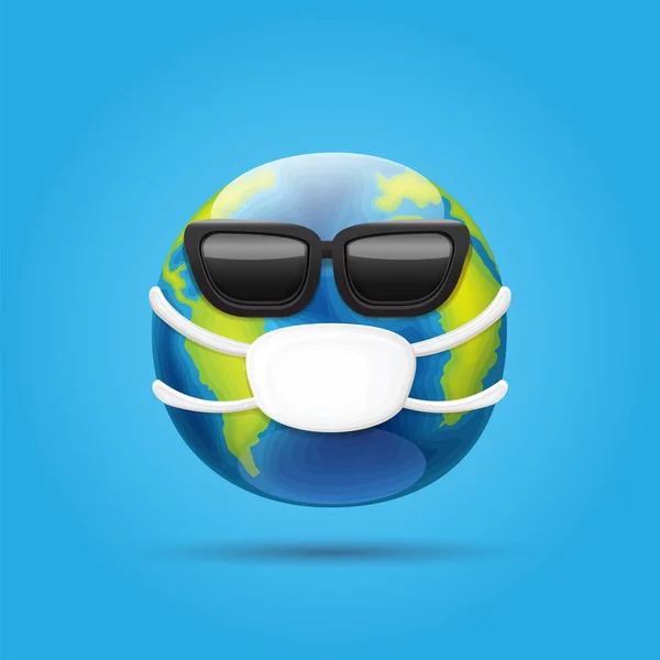 Vector earth globe smile sticker with mouth medical protection mask and sunglasses isolated on blue background. Earth character with white surgeon mask. Self isolation concept icon — Stock Vector