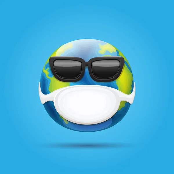 Vector earth globe smile sticker with mouth medical protection mask and sunglasses isolated on blue background. Earth character with white surgeon mask. Self isolation concept icon — Stock Vector