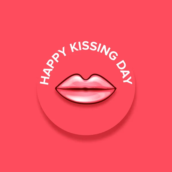 Happy kissing day greeting card or banner with cartoon glossy red lips isolated on pink background. Kiss day concept illustration with sexy smiling woman mouth icon — Wektor stockowy