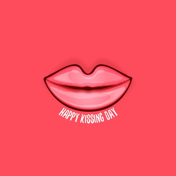 Joyeux baiser jour carte de vœux ou bannière avec dessin animé lèvres rouge brillant isolé sur fond rose. Illustration de concept Kiss day avec icône de bouche de femme souriante sexy — Image vectorielle