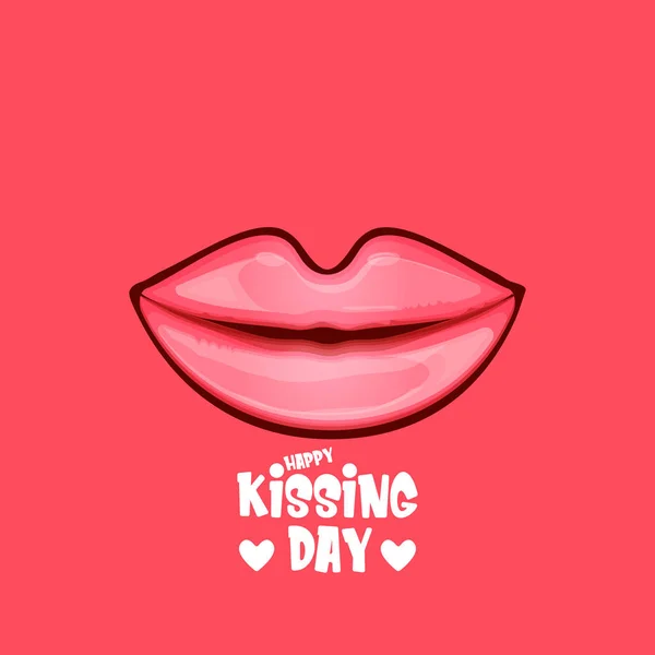 Glückliches Küssen Tag Grußkarte oder Banner mit Cartoon glänzenden roten Lippen isoliert auf rosa Hintergrund. Kiss Day Konzept Illustration mit sexy lächelnde Frau Mund Ikone — Stockvektor