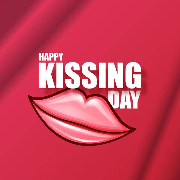 Ευτυχισμένη ημέρα φιλιά ευχετήρια κάρτα ή πανό με κινούμενα σχέδια γυαλιστερό κόκκινα χείλη απομονώνονται σε ροζ φόντο. Φιλί εικόνα έννοια ημέρα με σέξι χαμογελαστή γυναίκα εικονίδιο στόμα — Διανυσματικό Αρχείο