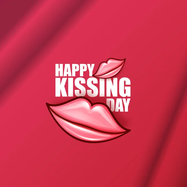 Joyeux baiser jour carte de vœux ou bannière avec dessin animé lèvres rouge brillant isolé sur fond rose. Illustration de concept Kiss day avec icône de bouche de femme souriante sexy — Image vectorielle