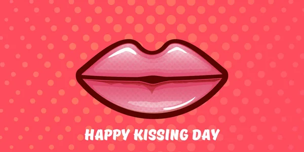 Ευτυχισμένη ημέρα φιλιά οριζόντια πανό με κινούμενα σχέδια γυαλιστερό κόκκινο χείλη απομονώνονται σε ροζ φόντο. Φιλί ημέρα διάνυσμα έννοια εικονογράφηση με σέξι χαμογελαστή γυναίκα στόμα εικονίδιο — Διανυσματικό Αρχείο