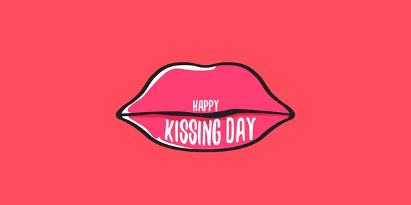 Feliz día de besos bandera horizontal con dibujos animados labios rojos brillantes aislados sobre fondo rosa. beso día vector concepto ilustración con sexy sonriente mujer boca icono — Archivo Imágenes Vectoriales