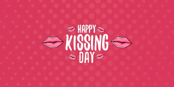 Щасливий день цілування горизонтальний банер з мультяшними глянцевими червоними губами ізольовані на рожевому фоні. День поцілунку Векторна концепція ілюстрація з сексуальною усміхненою жінкою рот значок — стоковий вектор