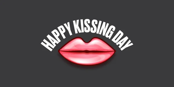 Happy kissing day horizontal banner with cartoon glossy red lips isolated on grey background. Kiss day vector concept illustration with sexy smiling woman mouth icon — Wektor stockowy