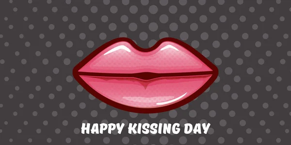 Joyeux baiser jour bannière horizontale avec dessin animé lèvres rouge brillant isolé sur fond gris. Baiser jour vectoriel concept illustration avec sexy souriant femme bouche icône — Image vectorielle