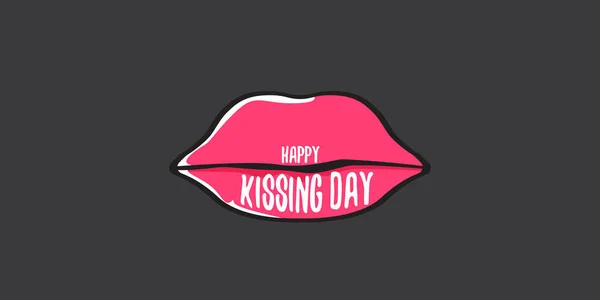 Happy kissing day horizontal banner with cartoon glossy red lips isolated on grey background. Kiss day vector concept illustration with sexy smiling woman mouth icon — Stockový vektor