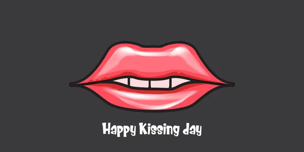 Ευτυχισμένη ημέρα φιλιά οριζόντια πανό με κινούμενα σχέδια γυαλιστερό κόκκινο χείλη απομονώνονται σε γκρι φόντο. Φιλί ημέρα διάνυσμα έννοια εικονογράφηση με σέξι χαμογελαστή γυναίκα στόμα εικονίδιο — Διανυσματικό Αρχείο
