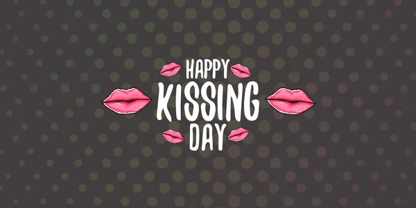 Happy Kissing Day horizontale Banner mit Cartoon glänzenden roten Lippen isoliert auf grauem Hintergrund. Kuss-Tag-Vektor-Konzept Illustration mit sexy lächelnde Frau Mund-Symbol — Stockvektor