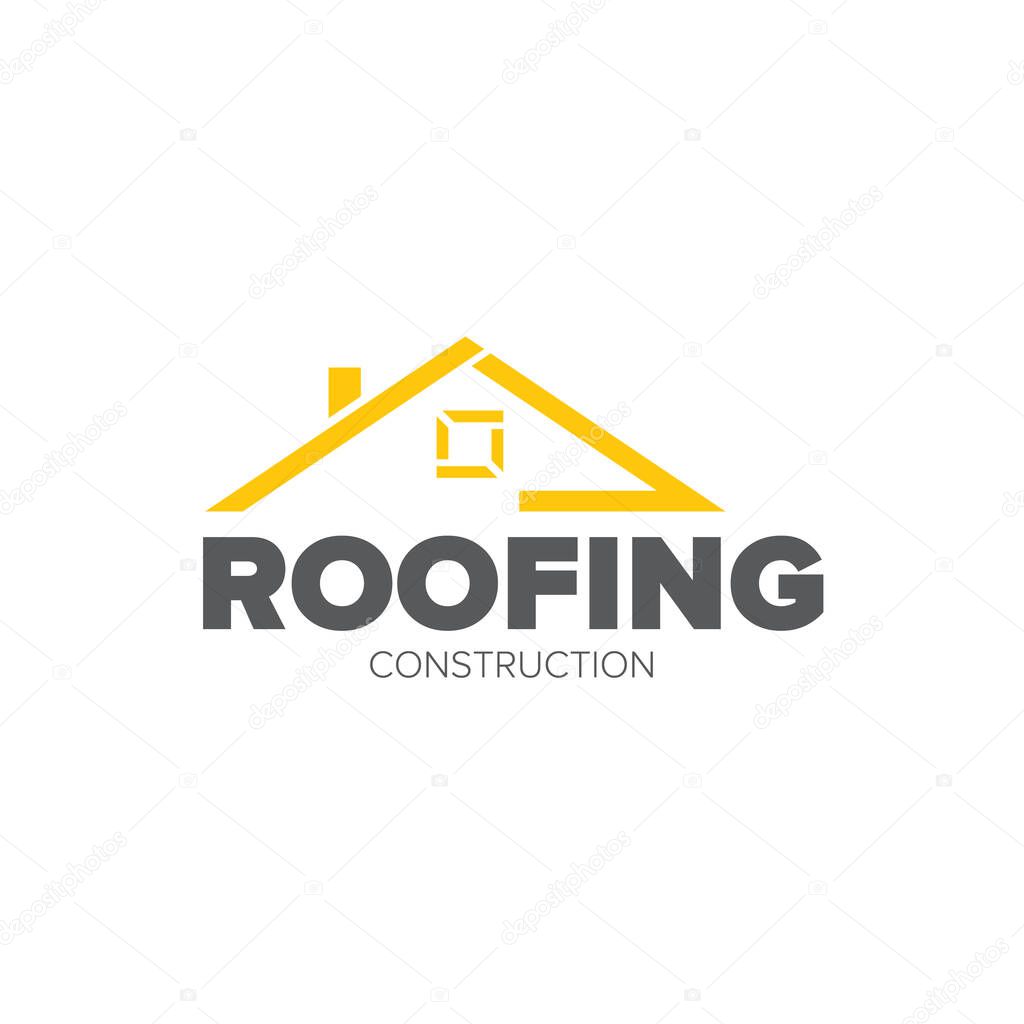 Roofing construction logo design template with roof top and slogan siolated on white background. Vector Real estate logo or label with roof