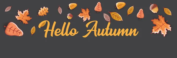 Vector hello autumn horizontal banner or label with text and falling autumn leaves on grey horizontal background. Cartoon hello autumn poster, flyer or banner — Stock Vector